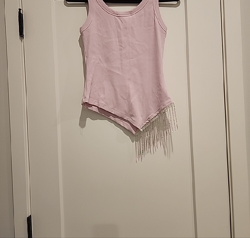 LUMINA Light Pink Ribbed Tank with Rhinestone Fringe - Picture 5 of 8